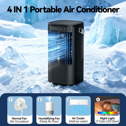 Portable Air Conditioners, 4-in-1 Mini Small Air Conditioner Evaporative Air Cooler Fan with 1000ml Water Tank, 3 Speeds & 7 LED Lights, Personal Mini AC with Timer for Bedroom, Desktop, Home, Office