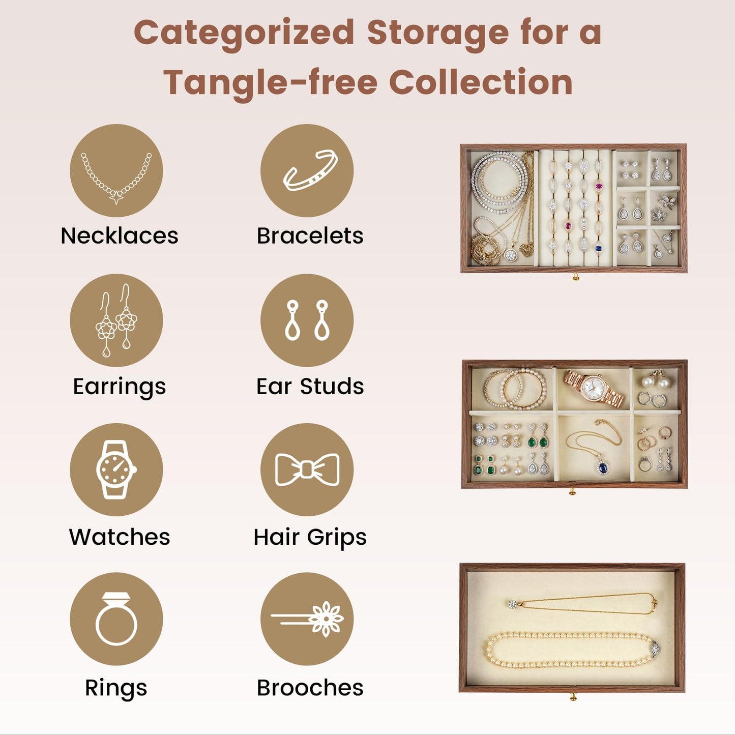 Simple Supplies Wooden Jewelry Box for Women, 3-Layer Jewelry Organizers and Storage with 3 Drawers & Velvet Trays, Large Earring Holder, Necklace Ring Travel Case, Gift Box for Drawer, Wood