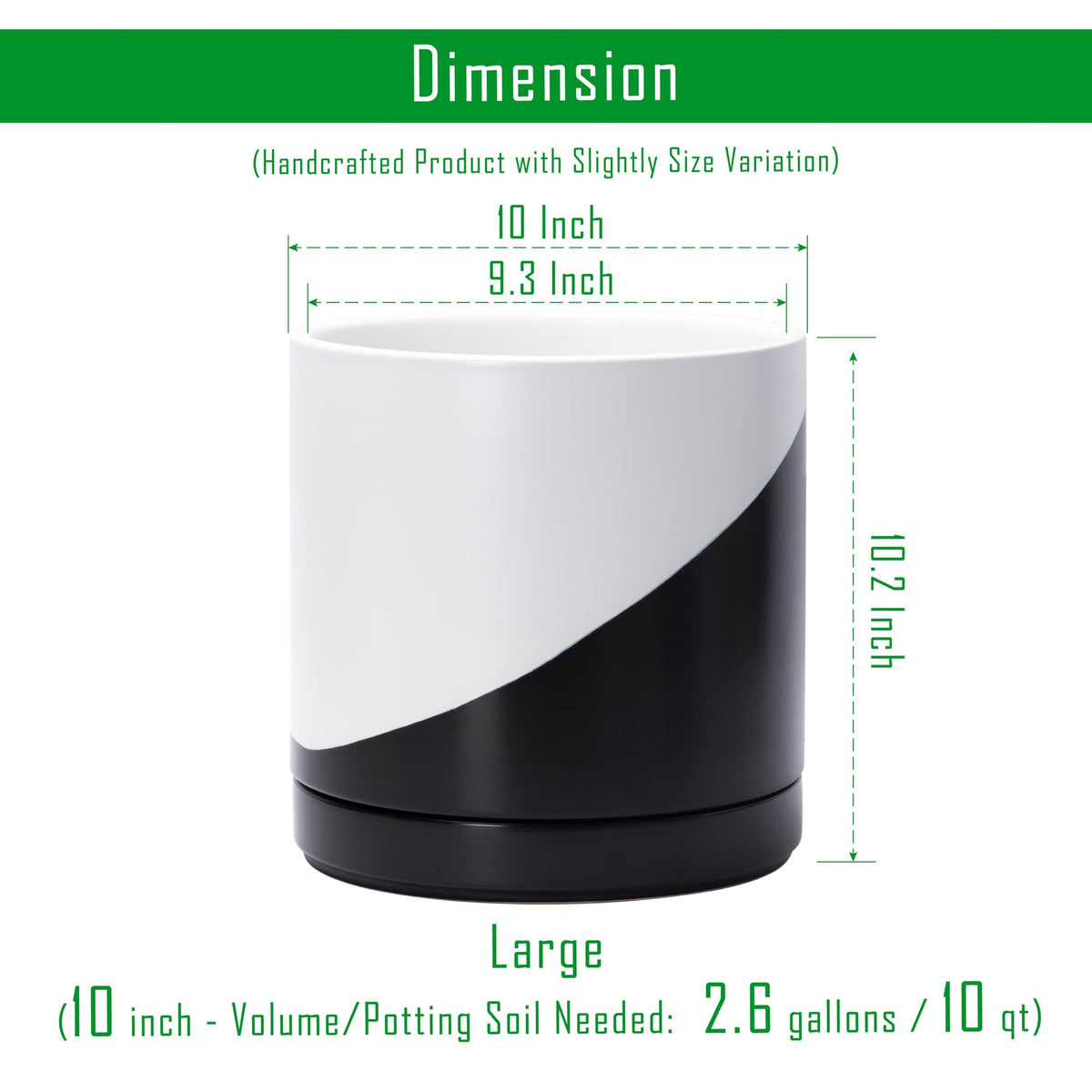D'vine Dev 10 Inch Ceramic Planter Pot with Drainage Hole and Saucer, Indoor Cylinder Round Planter Pot, Oblique Monochrome Black and White, 94-O-E-K