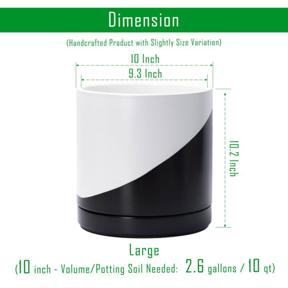D'vine Dev 10 Inch Ceramic Planter Pot with Drainage Hole and Saucer, Indoor Cylinder Round Planter Pot, Oblique Monochrome Black and White, 94-O-E-K