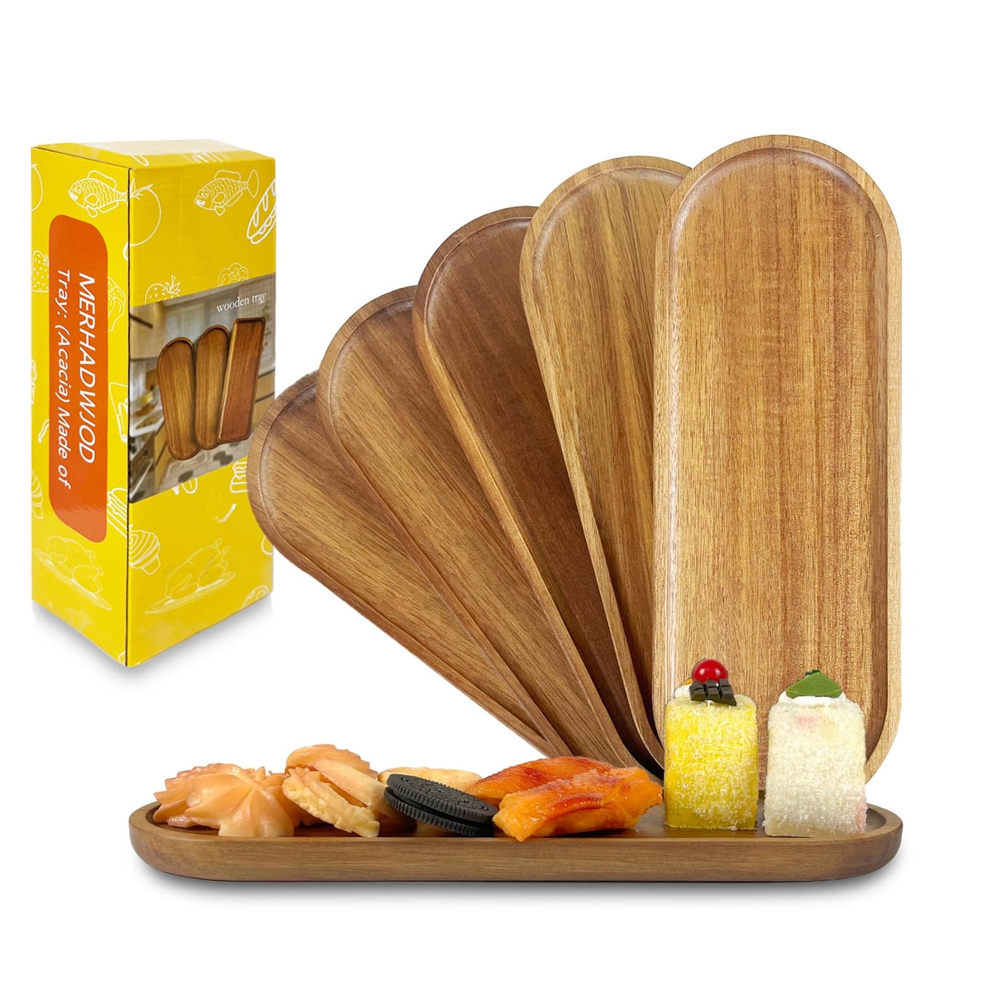 Set of 5 Acacia Wooden Trays Rustic Small Oval Serving Tray Bulk Wood Food Plate Fruit, Salad, Cheese, Coffee Platters Appetizer Decorative Tray 11.4 * 4.1inch (Oval 5Pcs)
