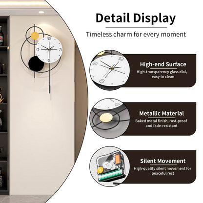 JUJUDA Large Wall Clock for Living Room Decor, Modern Decorative Metal Wall Clock with Pendulum for Bedroom Kitchen Office Decor, 13 Inch Big Silent Quartz Black Clock Battery Operated Non Ticking