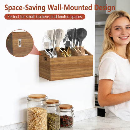 COAZEX Wooden Kitchen Utensil Holder for Countertop or Wall, Extra Large Acacia Wood Utensil Holder Organizer with 5 Compartments, Rustic Utensil Caddy for Cooking Tools & Silverware