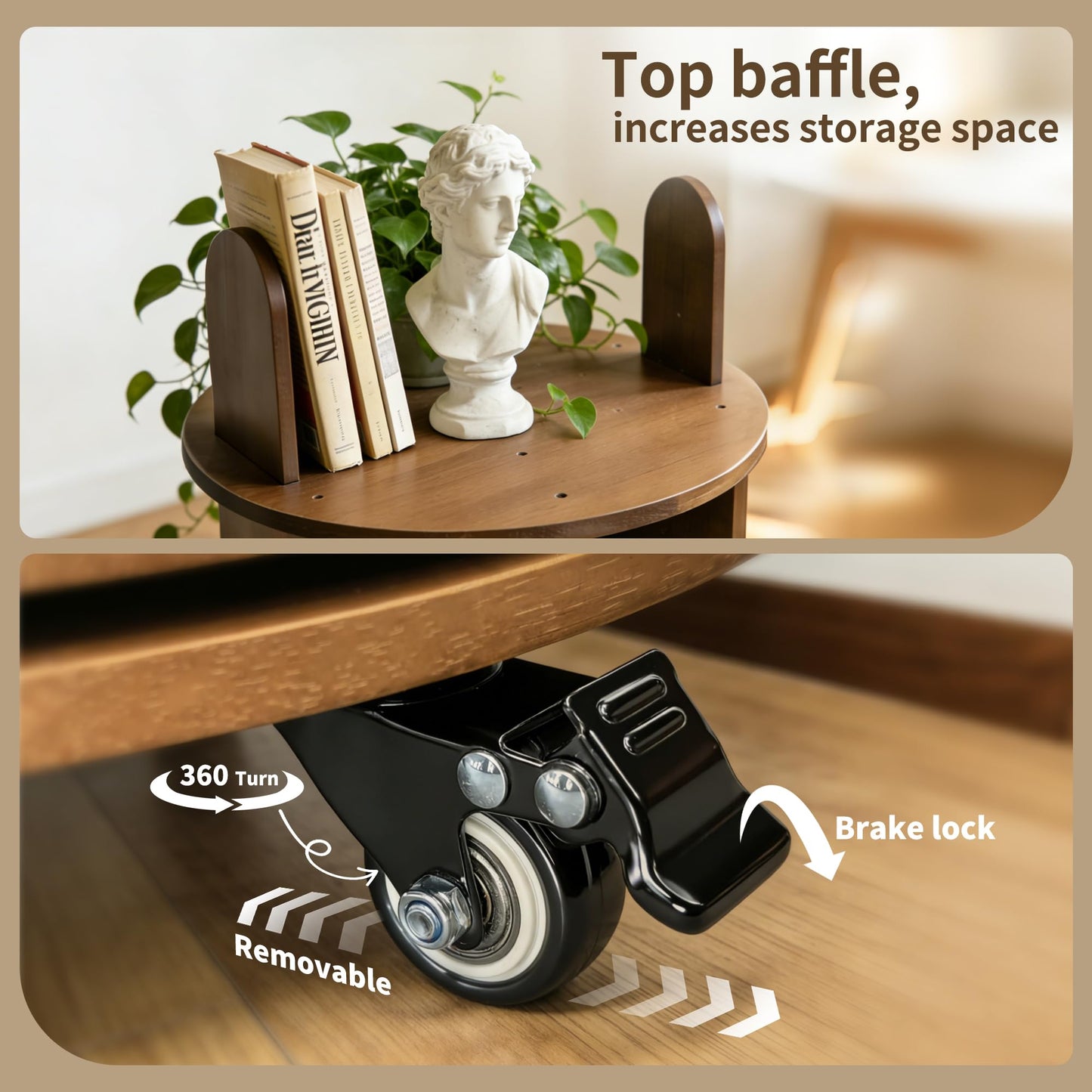 Kryonix Rotating Bookshelf, Solid Wood 5 Tier Spinning Book Shelf Tower, 360° Revolving Bookcase on Wheels, Corner Round Rolling Bookshelves for Small Spaces, Bedroom, Office, Kids Room (Walnut)