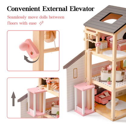 ROBOTIME Wooden Dollhouse, Doll House with 29 Pieces Furniture Set - Pool and Elevator, Wooden Doll House for 4, 5, 6-Inch Dolls, 6 Rooms Pink Dollhouse Gift for Kids Girls Ages 3+ (Black)