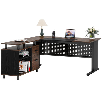 Tribesigns 63 Inch Executive Desk with File Cabinet, Large Office Desk L Shaped Computer Desk with Drawers and Storage Shelves, Business Furniture Desk for Home Office, Dark Walnut and Black
