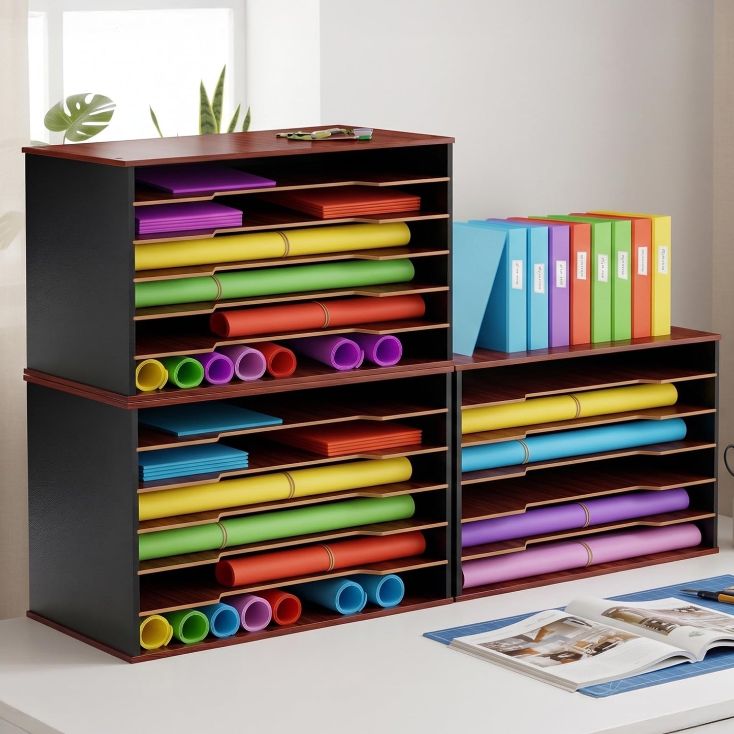 DL Davis lorence Wooden Paper Organizer 20.25"W x 12.25"H x 13.25"D, 6-Tier Storage for 12"x18" & 11"x17" Sheets, Includes Matching Pen Holder & Tray, Ideal for Office, Home, Art Room and Classroom