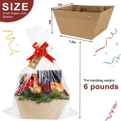 KEVTVEK Bigger Baskets for Gifts Empty, 6 Pack Sturdy Kraft Basket With Handles Gift Basket Kit, 6 Shrink Wrap Bags, 6 Bows and Hang Tag, Empty Gift Baskets to Fill for Graduation, Baby Shower