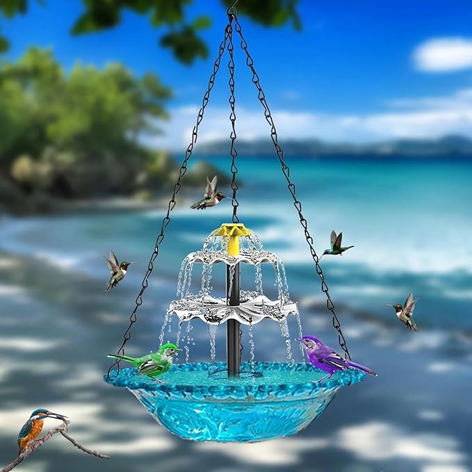 Solar Hanging Bird Bath with Fountain Cascade, Solar Powered Cascade Hanging Bird Bath Fountain with Solars Pump,for Outdoor and Gardens (Red)