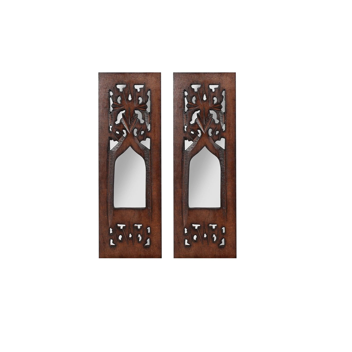 The Wooden Town Wall Hanging Plaques Wall Décor Jharokha With Mirror, Elegant Sculpture Wall Décor Panel to Enhance the Décor of Your Room or Office - 12x4 Inch - Burnt Set of 2