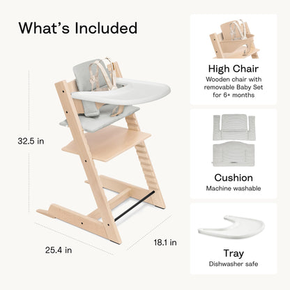 Stokke Tripp Trapp High Chair 2 (Natural), Cushion 2 (Nordic Grey) + Stokke Tray (White) - Includes Chair + Baby Set with Removable Harness for Children 6-36 Months