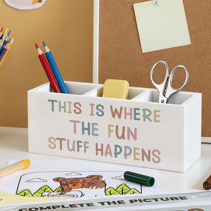 ELMCH Boho Classroom Pen Pencil Holder for Kids, Boho Playroom Wood Desk Organizer and Accessories, This Is Where the Fun Stuff Happens Pen Holder Desk Organizer for Kids Classroom Playroom Tabletop