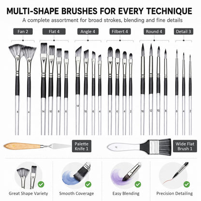 JYN-ANREN 24Pcs Multi-Shape Paint Brushes Set for Acrylic, Oil, Watercolor & Gouache with Palette Knife and Waterproof Canvas Roll, Synthetic Bristles Art Supplies for Artists & Beginners