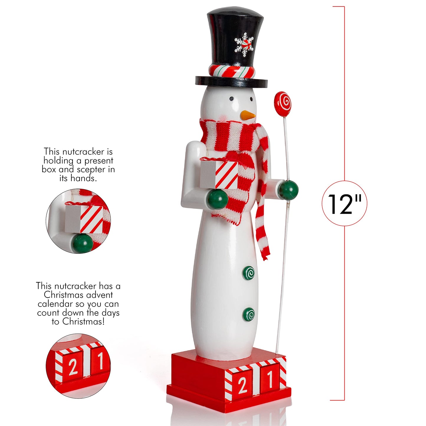 Ornativity Snowman Nutcracker for Christmas - Countdown Wooden Snow Man with Advent Calendar Count Down to Xmas Winter Holiday Nut Cracker 12 Inch