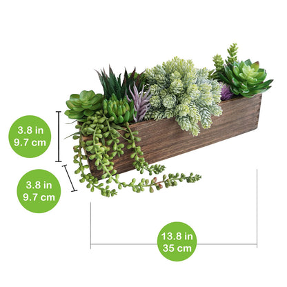 Winlyn 15" Assorted Artificial Succulent Arrangement Assorted Succulents in Rectangular Wooden Planter Faux Potted Plant for Farmhouse Table Centerpiece Windowsill Shelf Desk Mantel Greenery Décor