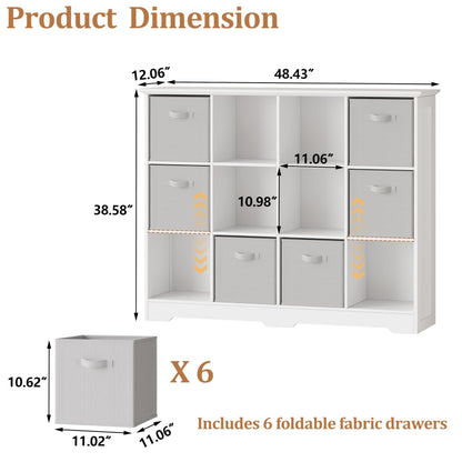 METOTI 12 Cube Storage Organizer Shelf, Wood Cubby Storage with 6 Fabric Drawers, 3 Tier Wooden Bookshelf with 2 Adjustable Shelves & Fluted Side Panels for Bedroom, Living Room, Home Office, Whtie