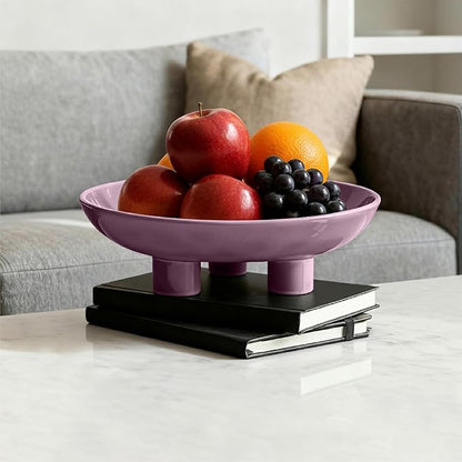 Three-Leg Ceramic Fruit Bowl, 10 Inch Oval Serving Dish for Kitchen Counter, Candy or Key Holder, Home Decor Accent Purple