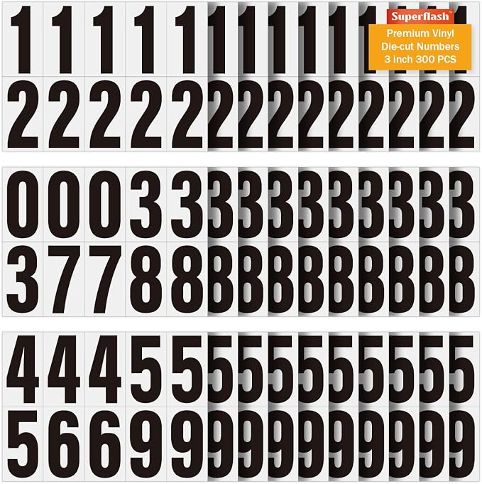 3 Inch Adhesive Numbers for Mailbox, Vinyl Reflective Stickers, Self-Adhesive Decals, Pre-Spaced Signs for Outside, House, Trash Cans, Cars, Door (300 Numbers)