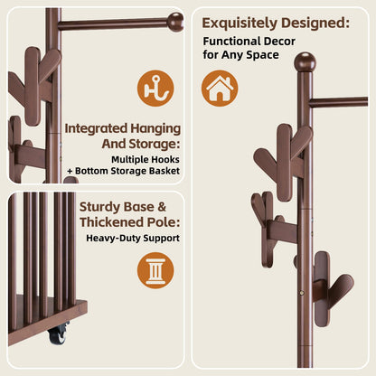Cactus Freestanding Wooden Coat Rack with Storage Basket,Walnut Coat Rack with Hooks and Wheels,Space-Saving Entryway Organizer for Hanging Clothes,Bags and Storing Towels,Bedroom, Living Room