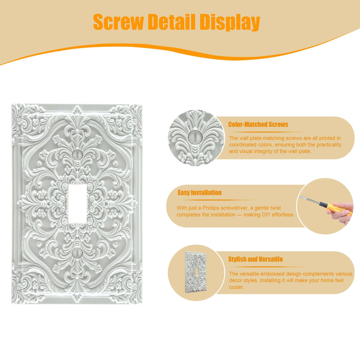 Spshian Decorative Light Switch Plate Covers White Flower Elegant 3D Floral Embossed 1 Gang Light Switch Cover Plate Single Toggle Wall Plate Outlet Covers Faceplate for Bedroom Home Decor