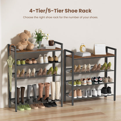 BASICS4ALL 4 Tier Shoe Rack for Entryway, Metal Shoe Rack Heavy Duty with Wooden Top & Adjustable Mesh Shelves, Shoe Storage Organizer for Front Door Entrance/Closet/Bedroom/Dorm/Garage