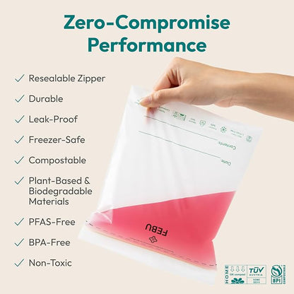 FEBU Sandwich Compostable Food Storage Bags, 180 Count | Certified Home Compostable & Biodegradable | PFAS & BPA Free Zipper Bags | Leak-Proof & Resealable | 6.5"x 5.88”
