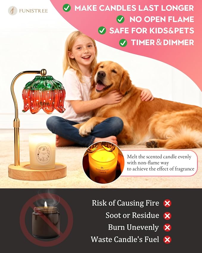 Funistree Flower Candle Warmer Lamp with Timer, Dimmable Candle Lamp Warmer, Christmas Birthday Gifts for Women Mom Her, Housewarming Home Decor, Lotus Wax Warmer for Yankee Candles - Strawb Flower