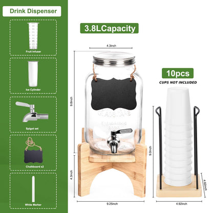 Glass Drink Dispenser with Stand, 1 Gallon Beverage Dispenser for Parties with Cup Holder, Includes Ice & Fruit Infuser, 18/8 Stainless Steel Spigot