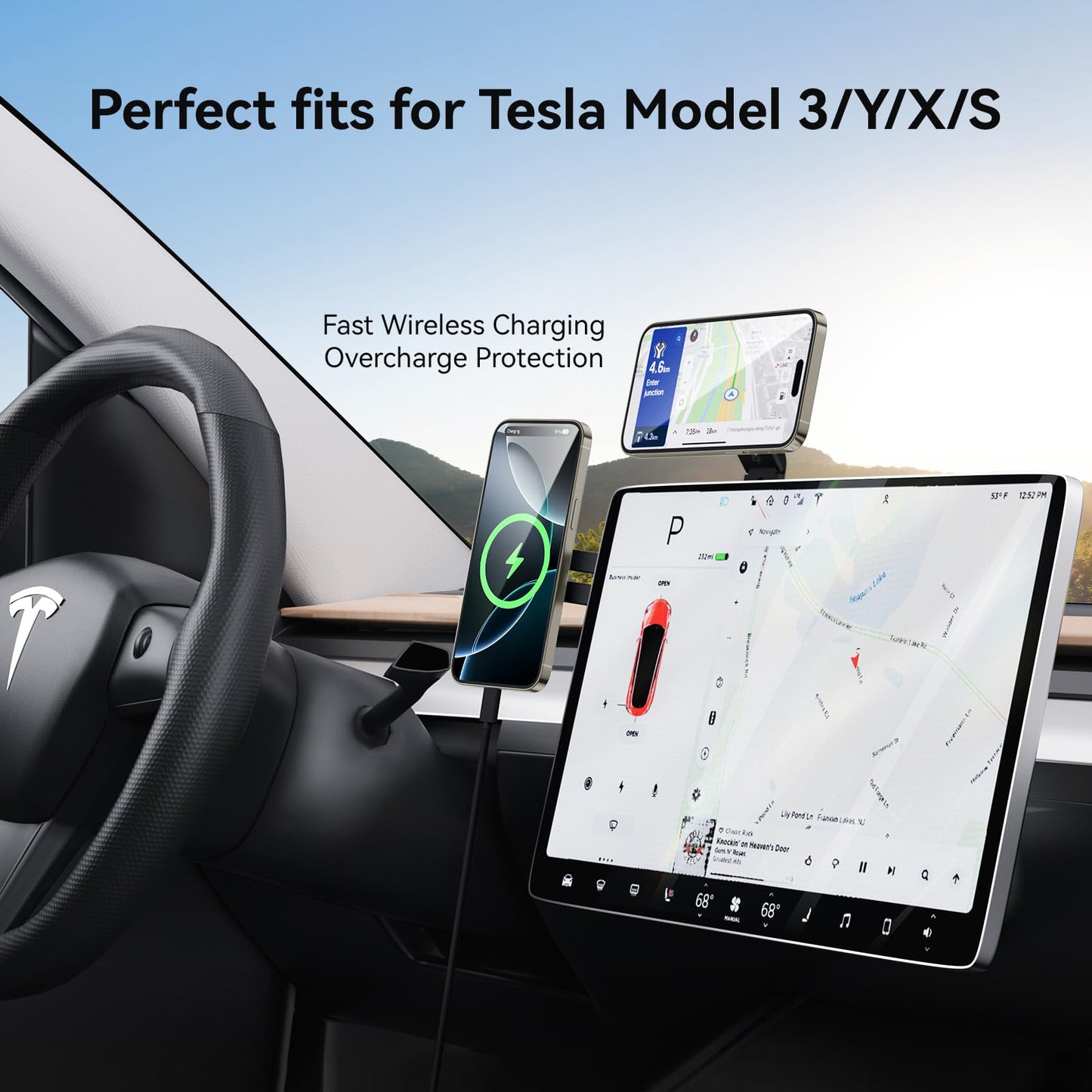 Laptop Phone Holder, Magnetic Phone Stand 15W Fast Wireless Charger for MagSafe for iPhone 17/16/15/14/13/12 & All Phones for Tesla (Silver)