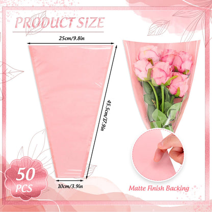 Whaline 50 Pcs Pink Flower Wrapping Bags Clear Kraft Flower Bag for Bouquets Large Floral Wrapping Sleeves for Graduation Wedding Valentine Mother's Day Birthday Florist Supplies, 17.9 x 9.8 x 3.9Inch