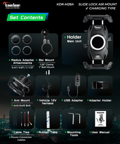 Kaedear Motorcycle Smartphone Holder, Air Mount Vibration Absorption, QI & USB Charging, Fast Wireless Charging, IP66 Waterproof, Quick Release, Locking System, Air Mount, Slide Lock KDR-M28A