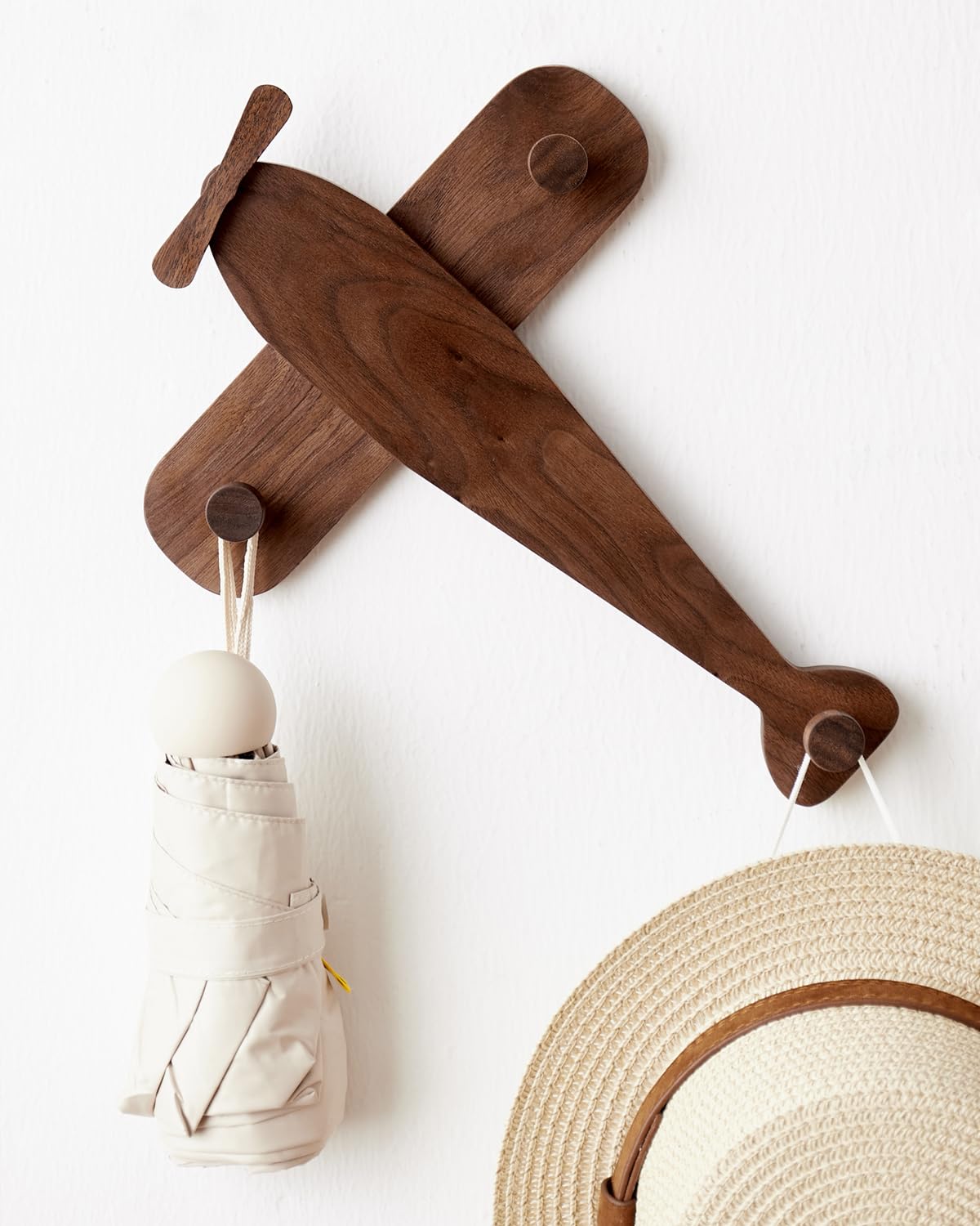 Vinoil Kids Coat Rack Wall Mount, Airplane-Shaped Wooden Wall Coat Hooks for Kids, Cute Walnut Coat Hanger Heavy Duty for Bathrooms, Door, Entryway, Kids Room, or Nursery