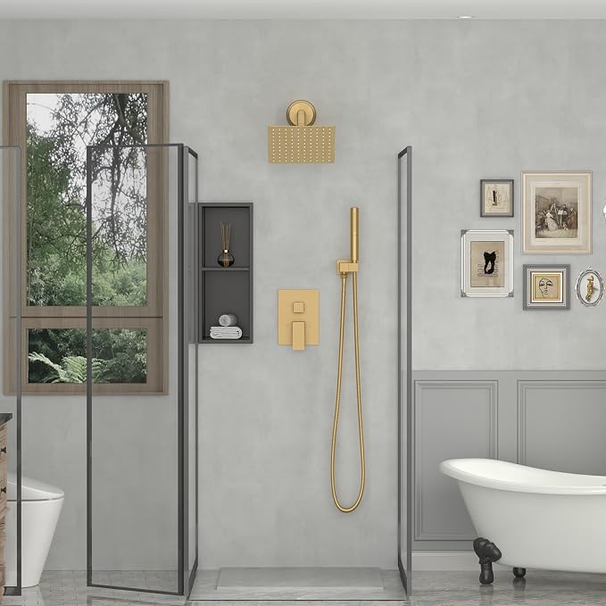 BESy 8 Inch Rain Shower Head, 8" Square Rainfall & High Pressure Stainless Steel Bath Showerhead, 1/16" Ultra Thin, Waterfall Full Body Coverage with Silicone Nozzle, Brushed Gold