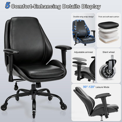 BEWISHOME Office Chair with Rubber Wheels, Big and Tall Office Chair, Ergonomic Office Chairs, Executive Desk Chair, Black PU Leather Computer Comfy Chairs with Lumbar Support, Adjustable Armrests