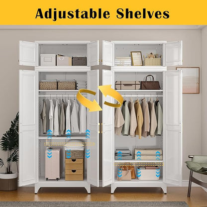 SteeLoong 86" Metal Armoire Wardrobe Closet with Doors,White Tall Clothing Storage Cabinet with Adjustable Shelves and Hanging Rod,Wardrobe Closet for Bedroom,Home,Office,Gym