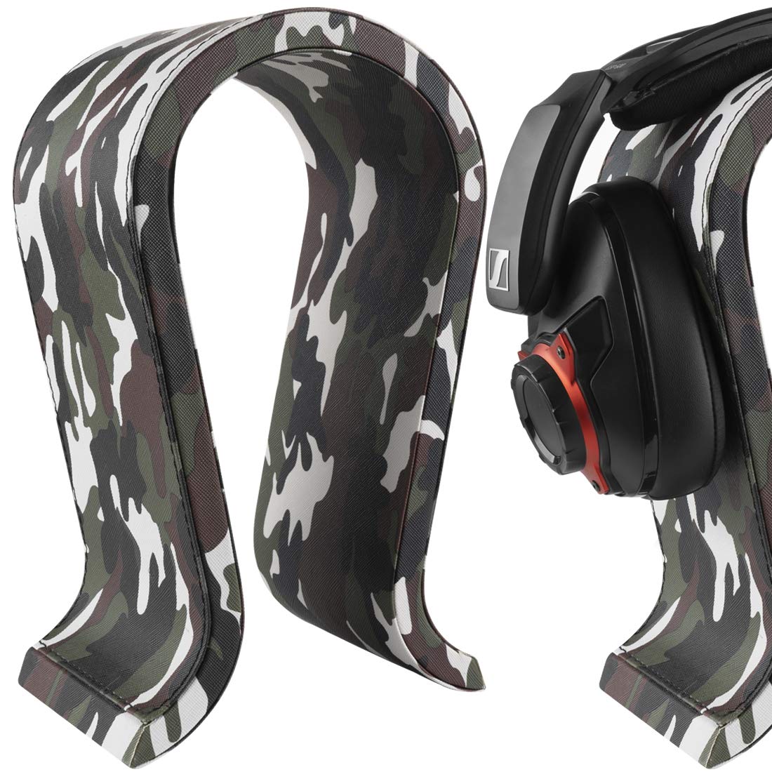 GEEKRIA Camo Gaming Headset Stand, Vegan Leather Wooden Omega Headphone Holder for Desk Setup, Over-Ear Headphones Display Rack Compatible with JBL, HyperX, Razer, Turtle Beach, Sony PS5