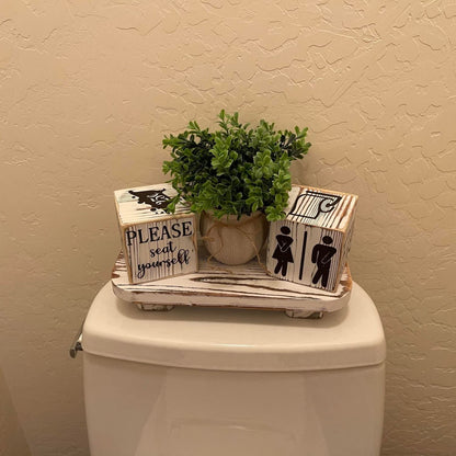 Liswit Farmhouse Funny Bathroom Decor Signs, 3 Wooden Blocks with Plant & Tray, Rustic Decoration for Bathroom Countertop