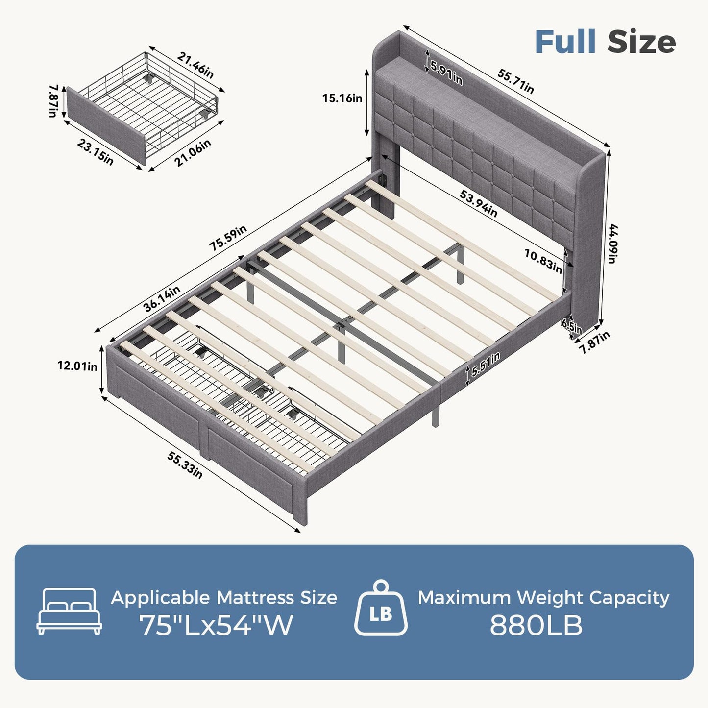 DUMOS Full Size Upholstered Platform Bed Frame, Full Bed with Storage Drawers and Fabric Headboard, Wooden Slats Support, 882 lbs Weight Capacity, No Box Spring Needed, Easy Assembly, Gray