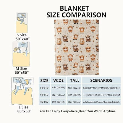 Cute Highland Cow Blanket,Adorable Cartoon Farm Animal Throw Blankets,Gifts for Kids,Lightweight Soft Fleece,for Picnic Sofa Couch Bed Room Travel,Birthday Rustic Farmhouse Decor,50x60in