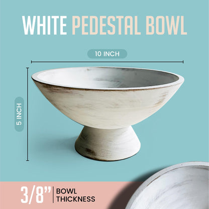 Fairwood Way - Rustic Whitewash Pedestal Bowl - 10 Inch, Mango Wood Footed Bowl as Fruit, Key, Decorative, Candy Holder or Centerpiece, Wooden Decorative Bowl for Kitchen, Dining Table