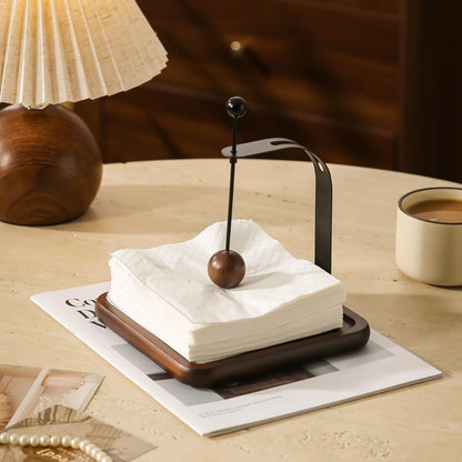 Napkin Holder with Wooden Base and Black Metal Frame, Modern Style for Dining Table (square)