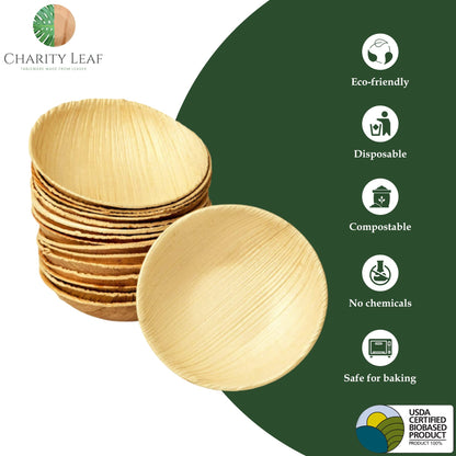 Charity Leaf Disposable Palm Leaf 3.5" Round Mini Bowl (100 pcs) Dipping Bowls | Bamboo Like| All Natural and Biodegradable | Charcuterie Boards, BBQs, and Parties