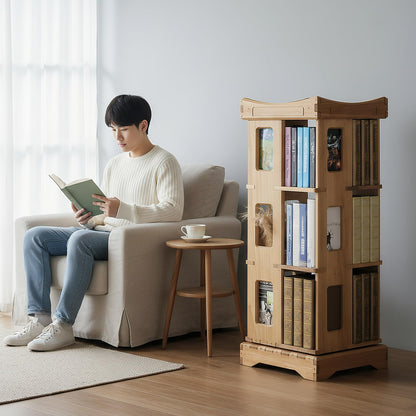 unununu Wooden Rotating Bookshelf, Larger Solid Wood Revolving Bookcase,360°Spinning Book Shelf Tower,Floor Standing Storage Rack,Corner Organizer for Small Space,Study,Office,17"x17"x69.75"(5-Tier)