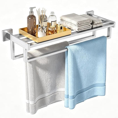 Towel Racks for Bathroom Wall Mounted, 24 Inch Double Towel Bar, Dual Towel Rack with Shelf, Stainless Steel Hand Towel Hanger, Bath Towel Holder for Wall, Brushed Nickel