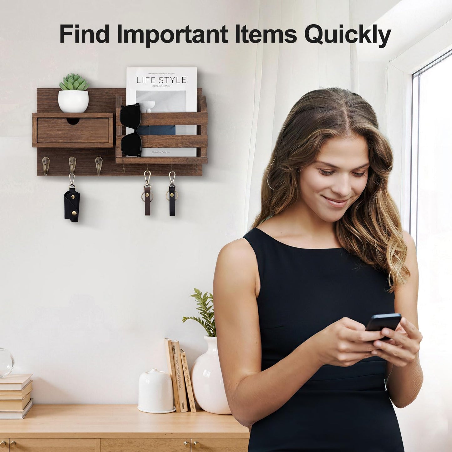 Lwenki Wall Mount Key Holder with Mail Organizer, 100% Paulownia Wood, 7 Metal Hooks, Storage Drawer, Entryway Home Decor (Brown)