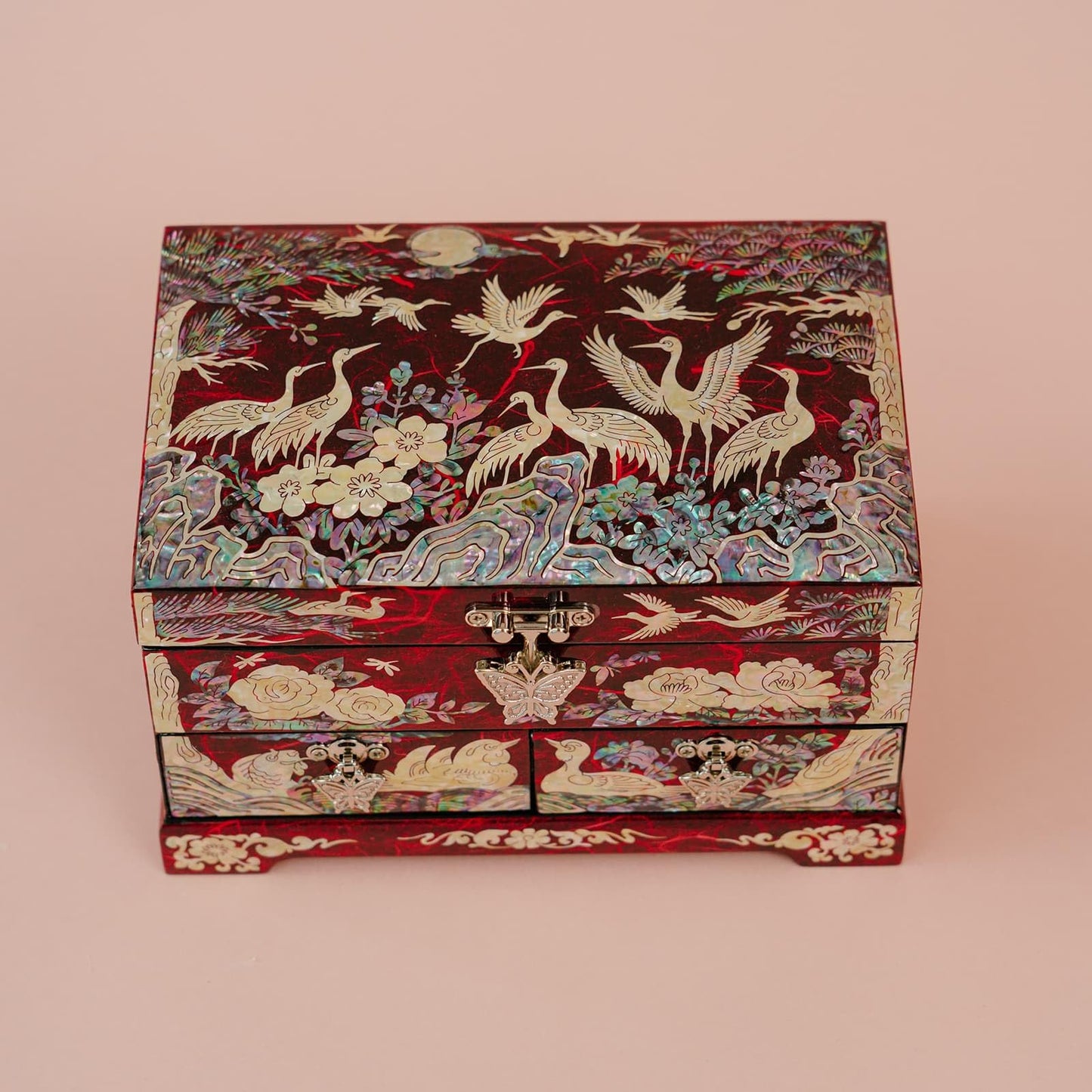 February Mountain Korean Mother of Pearl Jewelry Box – 2-Drawer Keepsake Box with Mirror, Traditional Oriental Trinket Organizer – Gift for Women, Mom, Wife, Anniversary (Crane and Pine tree - Red)
