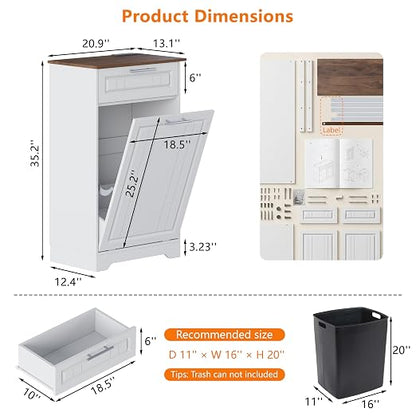 Single 10 Gallon Tilt Out Trash Can Cabinet with Deodorizing Function, Wooden Hidden Garbage Can Holder with Storage Drawers for Kitchen and Dining Room, Laundry Hamper Cabinet for Bathroom, White