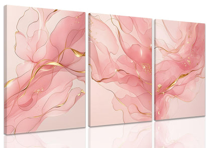 Fetyiu 3 Piece Pink Canvas Wall Art Pink And Gold Abstract Art Prints Modern Minimalist Pictures Wall Decor Marble Paintings Artwork for Living Room Bedroom Bathroom Office 12x16in Framed