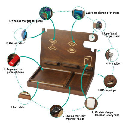 Xunhomon Wood Phone Docking Station Nightstand Organizer for Men 27W 2 Phone Wireless Charging Station with 4 Wireless Charger Stand for iPhone Apple Watch AirPod Mens Birthday Gift Ideas Key Holder