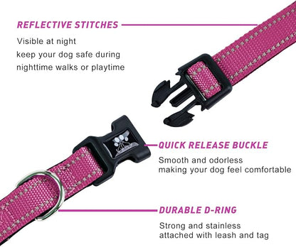 FURRYFECTION Reflective Dog Collar and Leash Set With Quick Release Buckle, Padded Neoprene Adjustable Nylon for Small Medium and Large Dogs (Small Collar+5FT Leash, Hot Pink)